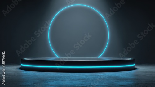 Ultra quality image of background podium 3D light neon blue platform stage product abstract. Scene background 3D podium dark pedestal room glow studio empty stand floor night modern.