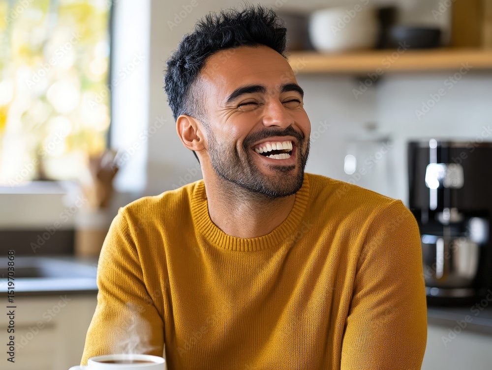 Fototapeta premium Cheerful Man Enjoying a Cozy Coffee Moment in the Kitchen