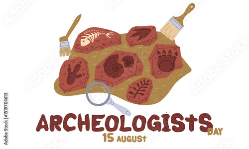 Day Archaeologist on August 15 objects for excavation. Flat color illustration. Fossils, dinosaur prints, shells, bones. for postcards, posters, articles, blogs, educational materials. Horizontal