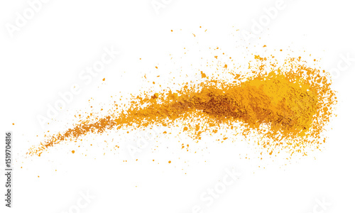 Flying turmeric powder isolated on white background, turmeric powder pile, top view of spice, vibrant yellow spice, organic turmeric, culinary ingredients, healthy powder spice vector illustration.