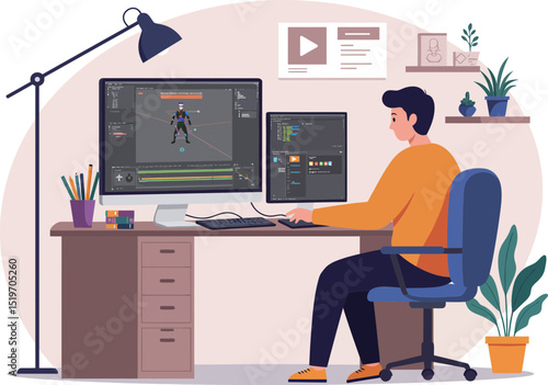 A person sits at a desk, focused on a computer screen displaying video editing software and a game animation.