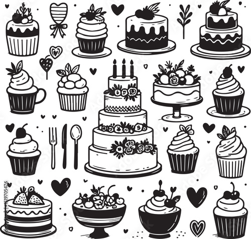 Hand-Drawn Wedding and Birthday Cake & Cupcake Doodle Set