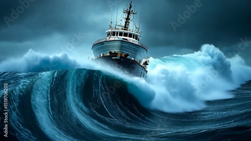 Powerful fishing vessel navigating a stormy ocean