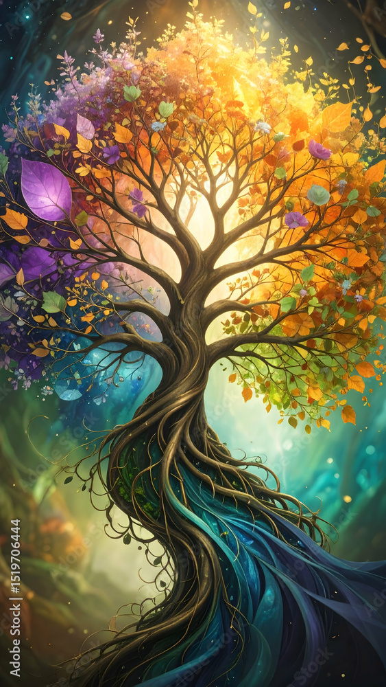 A vibrant tree with colorful leaves and crystals, symbolizing nature's beauty. A vibrant tree with colorful leaves and crystals, symbolizing nature's beauty.