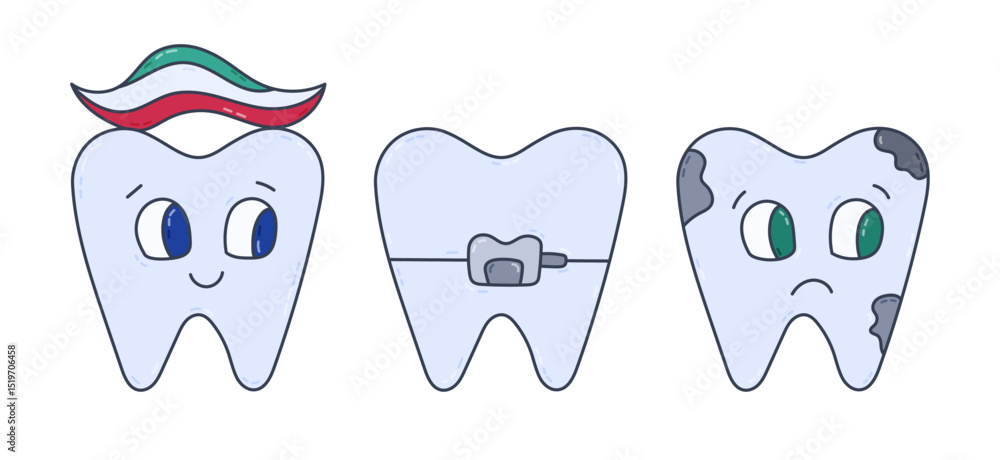 Lovely colourful line doodle set of teeth character with different emotions and health condition. Hand drawn cheerful health tooth with toothpaste, sad ill tooth, in dental braces. Oral treatment. Lovely colourful line doodle set of teeth character with different emotions and health condition. Hand drawn cheerful health tooth with toothpaste, sad ill tooth, in dental braces. Oral treatment.