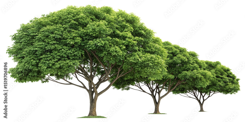 Fototapeta premium Three Lush Green Trees Isolated on Transparent Background, Nature, Foliage, Environment, Trees, Green, Nature