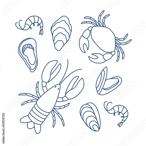 Hand drawn outline lobster, crab, oysters and shrimps. Marine life animals. Seafood collection. Isolated vector illustration 