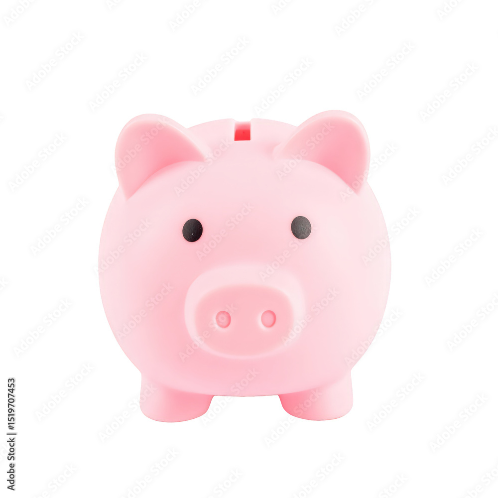 Cute pink piggy bank with a round body, small ears, black eyes, and a coin slot on top, isolated on a white background perfect for savings and finance themes Cute pink piggy bank with a round body, small ears, black eyes, and a coin slot on top, isolated on a white background perfect for savings and finance themes