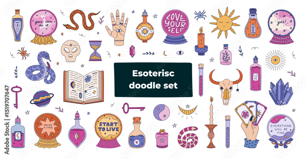 Big colorful doodle esoteric and wizard set with magician potion, spell book, crystal ball with prophecy, astrology icons. Lovely hand drawn Halloween graphic for tattoo, design, web, print. Big colorful doodle esoteric and wizard set with magician potion, spell book, crystal ball with prophecy, astrology icons. Lovely hand drawn Halloween graphic for tattoo, design, web, print.