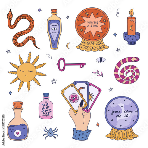 Lovely colourful doodle magical and fortuneteller set with witchcraft symbols. Cute hand drawn snake, positive forecast for future in crystal ball, potion, tarot Sun. Mystical icons isolated on white.