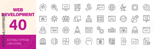 Web development icon set. Containing code, API, programmer coding, app, flow, node connect, web coder, bug fix, software and more. Editable line icons. Vector illustration.