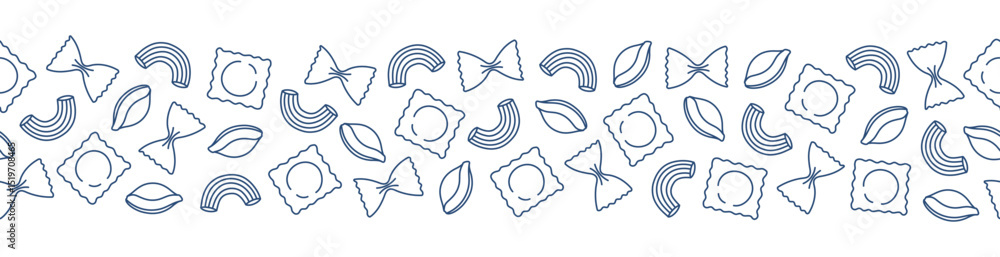 Seamless border with blue outline pasta on white background. Doodle drawing for banner, flyer, card, menu design. Vector illustration Seamless border with blue outline pasta on white background. Doodle drawing for banner, flyer, card, menu design. Vector illustration
