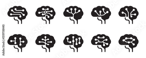 Set of nine black and white icons depicting human brains with interconnected circuitry.