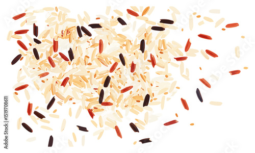 Wild mix rice, brown, basmati, red, isolated on white, top view, vector illustration, healthy food, organic rice, wholesome meal, premium ingredients, whole grains.
