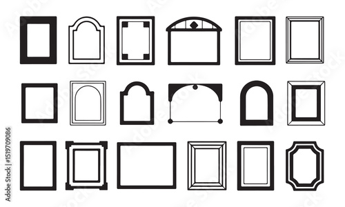 a variety of picture frame designs, from simple rectangles to ornate arches and decorative details.