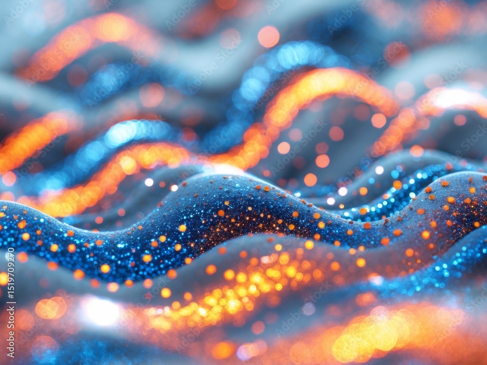Obraz premium Abstract Wavy Surface with Orange and Blue Glowing Particles, Bokeh Effect.