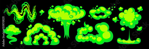Toxic green gas cloud with cartoon fart and smoke effects. Bright comic-style smell elements for humor scenes, or game visuals