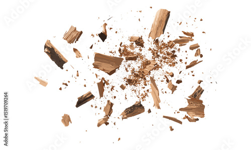 Organic texture of crushed tree bark and wood pieces, isolated on white, rustic top view, natural surface, nature-inspired, earthy tones, wooden elements vector illustration.