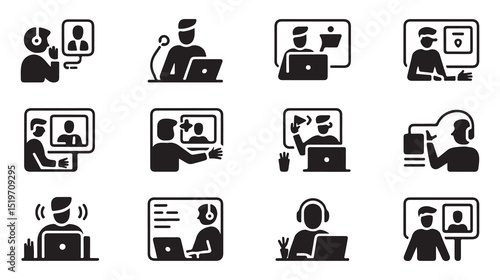 Set of black and white icons depicting various remote communication scenarios, including video calls, phone calls, and computer interactions.