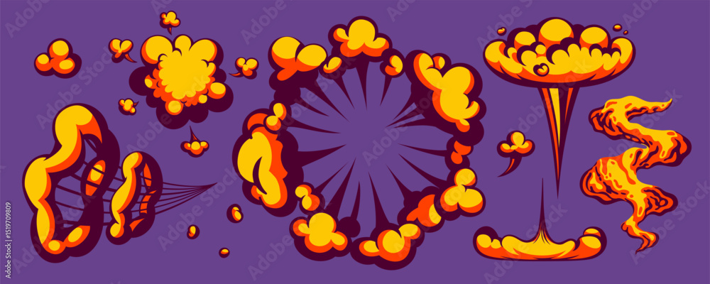 Naklejka premium Cartoon fire cloud vector with comic explosion and smoke on purple background. Yellow and orange flames and clouds in cartoon style. Ideal for action scenes, game UI, stickers, retro posters