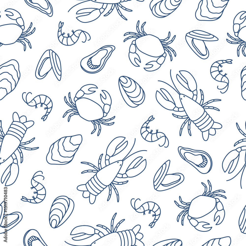 Seafood seamless pattern. Hand drawn blue outline lobster, crab, oysters and shrimps. Doodle drawing for banner, flyer, menu design, fabric. Vector illustration Seafood seamless pattern. Hand drawn blue outline lobster, crab, oysters and shrimps. Doodle drawing for banner, flyer, menu design, fabric. Vector illustration
