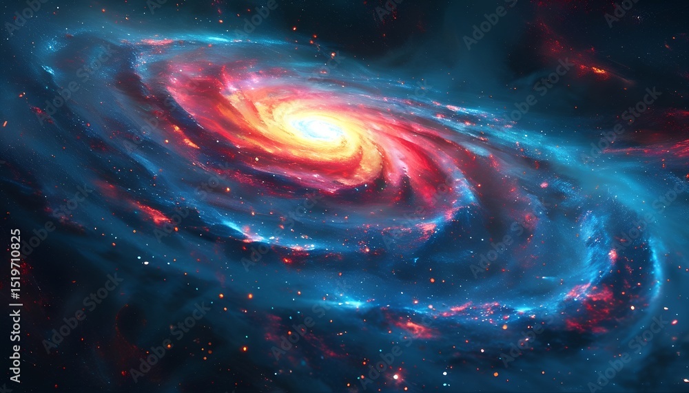 A Majestic Spiral Galaxy Displaying Vibrant Hues of Blue Red and Yellow Radiating Intense Light from its Core Surrounded by Countless Stars and Cosmic Dust A Majestic Spiral Galaxy Displaying Vibrant Hues of Blue Red and Yellow Radiating Intense Light from its Core Surrounded by Countless Stars and Cosmic Dust