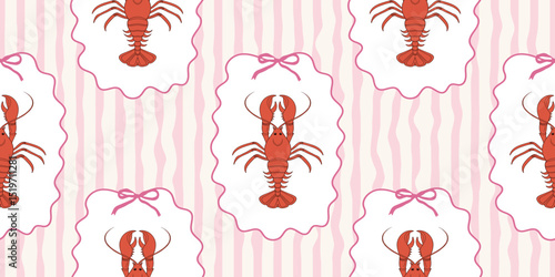 Seamless lobster pattern on pink and white wavy stripes. Summer repeating seafood pattern. Mediterranean coastal design background.