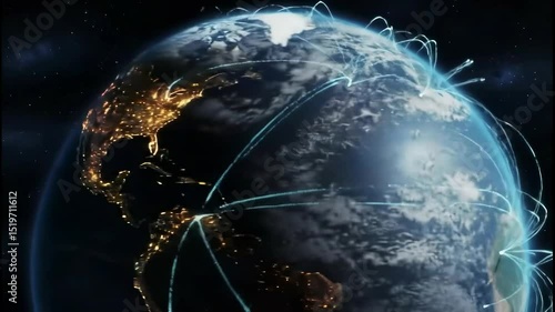 Planet Earth viewed from space with glowing digital lines linking continents in a vast telecom network.