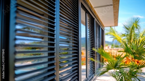 Modern black shutters, tropical view, home exterior, sunlight