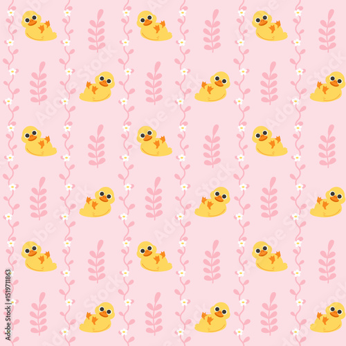 Pink Yellow Seamless Pattern with Ducks and Flowers Background.Cute Animal Repeat Design for Kids and Fabric
