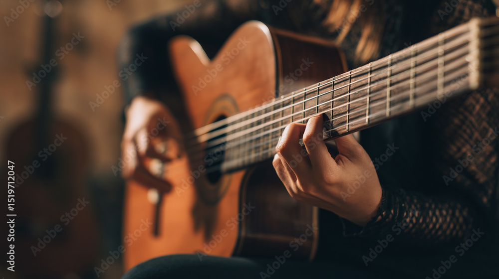 Fototapeta premium Acoustic Guitar Playing Close-Up: Fingers and Strings in Artistic Jam Session Performance