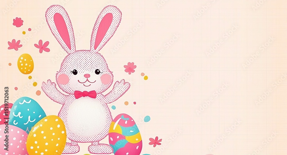 Send warm Easter wishes with this joyful card depicting a cute bunny and bright, festive eggs. Send warm Easter wishes with this joyful card depicting a cute bunny and bright, festive eggs.