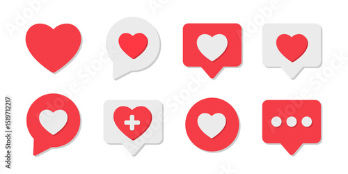 Social media likes heart emoji icons set. Speech bubble messages with red hearts. Love chat. Reaction buttons. Valentine's Day. Vector illustration