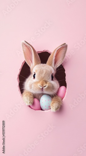 A cute Easter bunny peeking out of a hole with Easter eggs, isolated on a pastel background