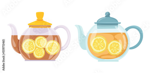 Teapot. Drink with lemon wedges in a glass teapot. Autumn, fall. Flat vector clipart, illustration with isolated background.