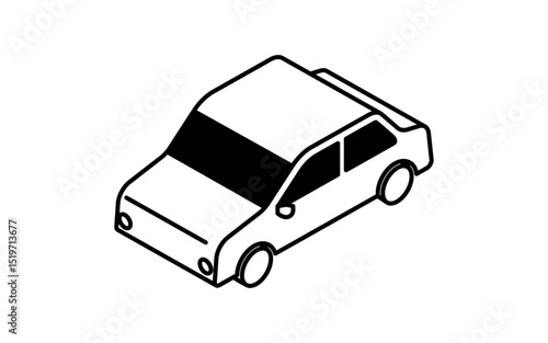 Vehicle icon, simple and cute isometric black and white line drawing icon of a sedan car