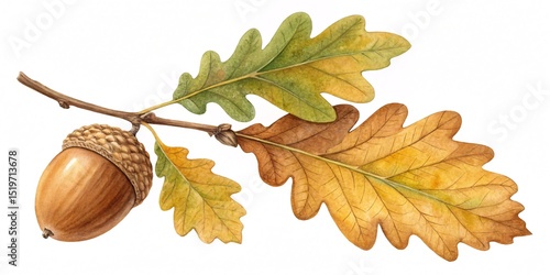 Acorn with Autumn Oak Leaves, Realistic Watercolor Style Botanical Illustration Isolated on White for Seasonal and Nature Designs