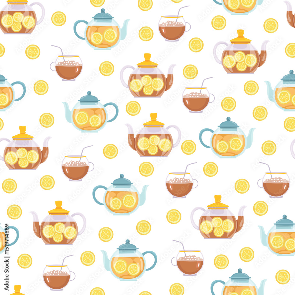 Tea with lemon seamless pattern. Flat vector clipart, illustration with isolated background.
