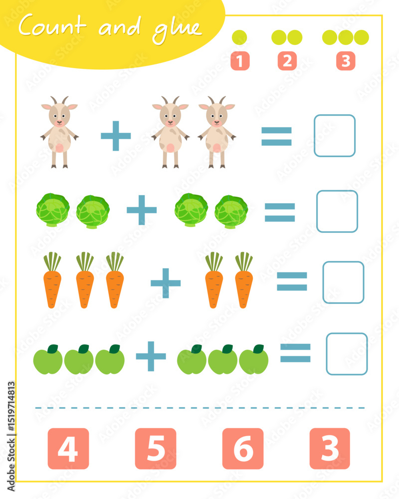 Fototapeta premium Count and glue game with goat. Education for children. Composition of numbers 1-6.