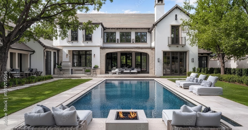 Fototapeta premium Large two-story house with white exterior in suburban Texas.