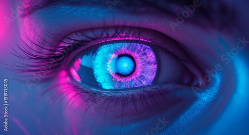 Cyberpunk Eye. A CloseUp of a Futuristic Iris Glowing in Neon Pink and Blue Lights