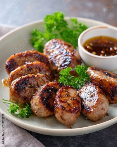 Deliciously Grilled Sausages with Fresh Herbs and Dip on Plate
