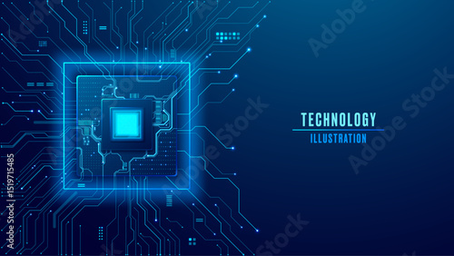 Abstract digital technology semiconductor with light blue electronics components. Futuristic circuit board background. AI chip concept. Tech background with empty text right side. Vector illustration