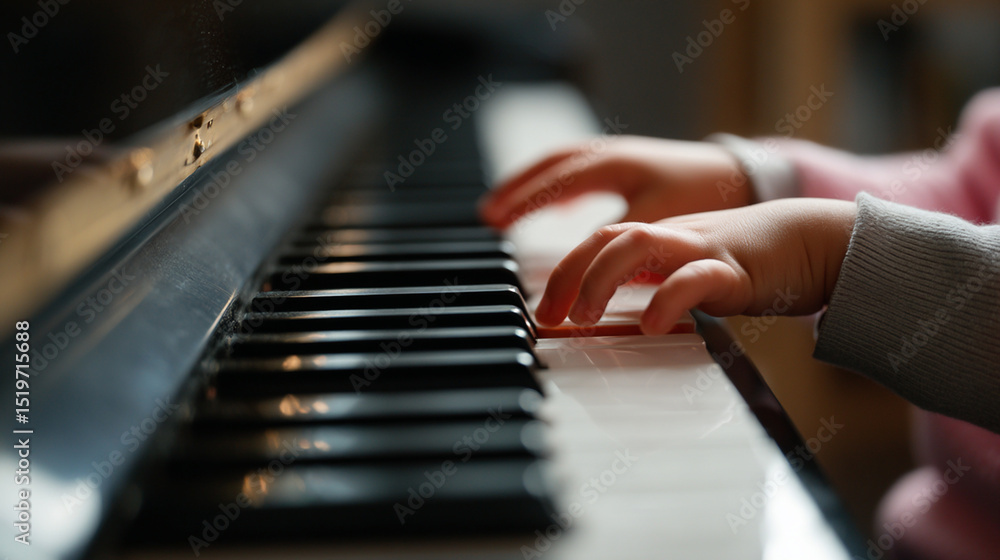 Obraz premium Child Playing Piano: Close-Up of Toddler's Fingers on Keys - Learning Music and Creativity Indoors