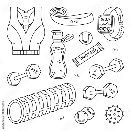 Lovely line doodle pilates set with different equipment for home training. Cute hand drawn fitness, stretching collection with sport bra, massage foam roller, pair of dumbbells isolated on white.