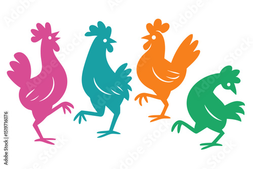 Rooster Chicken illustration, colorful minimalist style, mid-century modern, childlike shapes, whimsical character design, no outlines, solid colors, stylized proportions