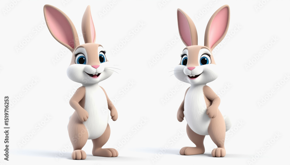 Fototapeta premium Adorable 3d cartoon rabbit with fluffy fur and big ears, isolated on white background with copy space for text