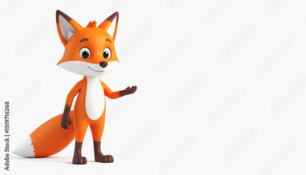 Obraz premium Charming 3d red fox with bright orange fur and pointy ears, isolated on white background with copy space for text
