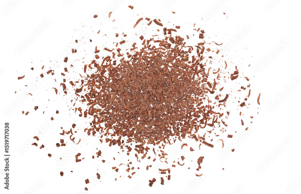 Pile grated, chopped, dark chocolate flying, isolated on white, top view Pile grated, chopped, dark chocolate flying, isolated on white, top view