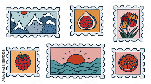 Lovely hand drawn set of postage stamp with serene scenery, summery fruits, tulip. Vintage postal label with sundown over the ocean, mountains. Retro colourful doodle with outline mail stickers.